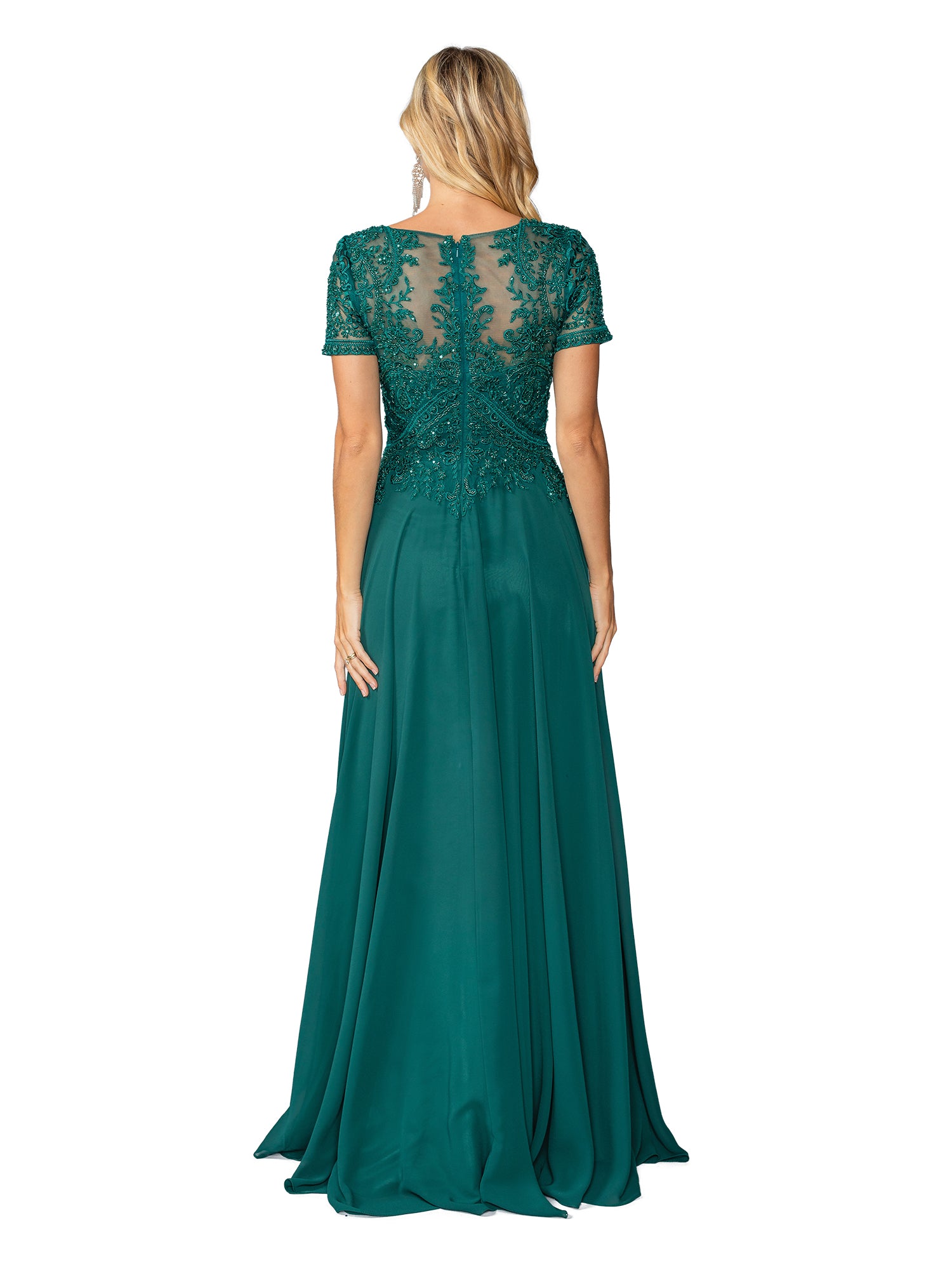 A woman is shown from behind wearing the Dancing Queen 4444 beaded-bodice long prom dress, featuring an emerald green hue, short sleeves, a beaded lace bodice, and a sheer back panel.